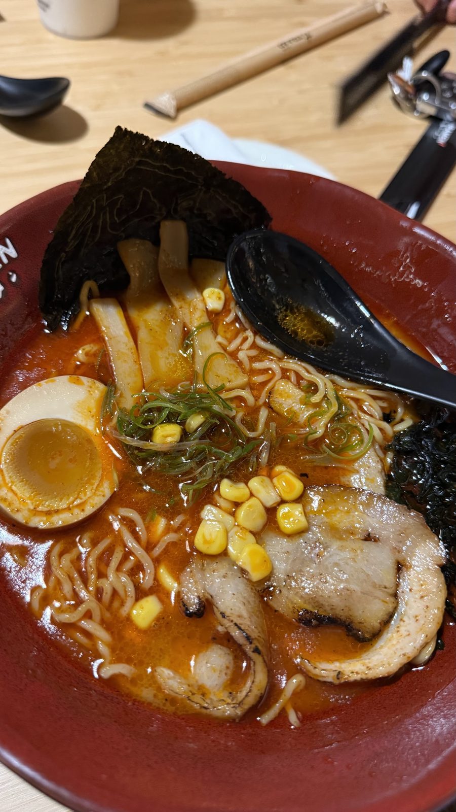 A bowl of ramen with chashu, egg, corn and nori at Super Kyuramen in Herndon, VA